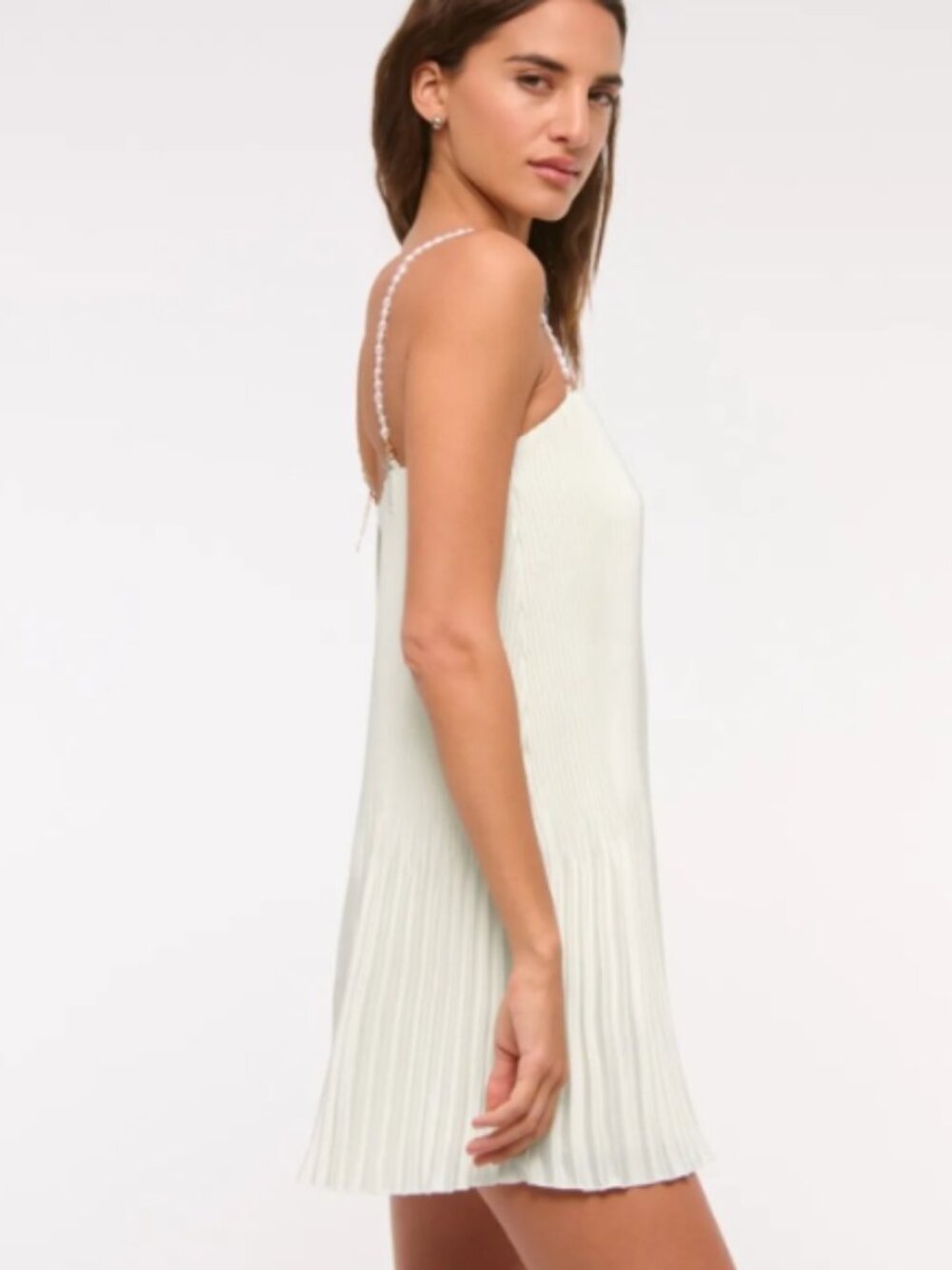 A&F Giselle Pleat White Pearl Strap Mini Dress Square Neck Adjustable - Picture 4 of 7